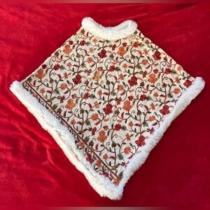 Kashmiri Embroidered Wool Poncho White Faux Fur Trim (Never Worn) - Handmade